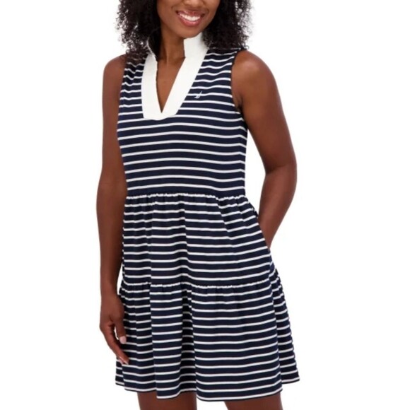 Nautica Women's XL (12) Tiered Navy Stripe Midi Dress Collared Sleeveless NWT - Picture 1 of 5